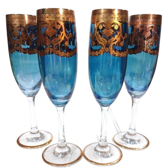 GlassOfVenice Murano Glass Champagne Flutes 24K Gold Leaf - Blue Set 4 Vintage - Picture 2 of 16